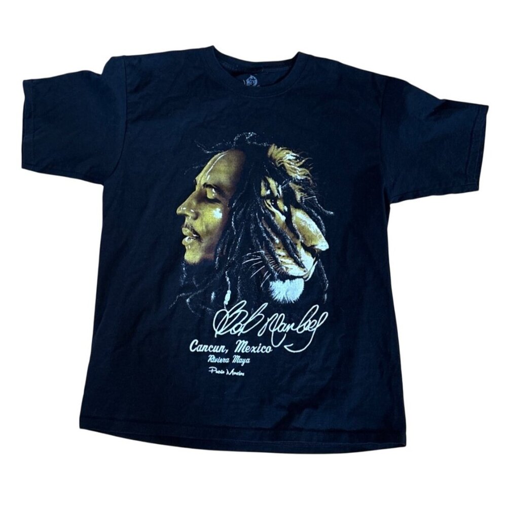 Bob Marley Shirt Cancun Mexico Graphic Short Sleeve Size L Black with Signature